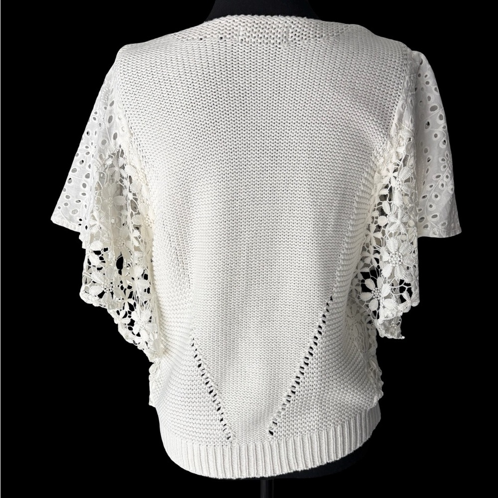 Democracy Cream V-Neck Open-Knit Sweater with Lace Flutter Sleeves - Picture 3 of 4